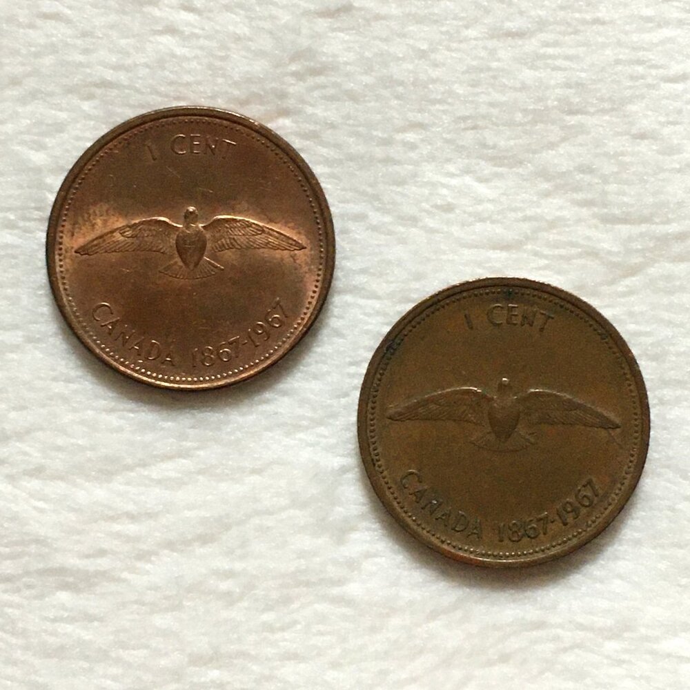 Set of 2 1867-1967 Canada Centennial Dove Pennies - RCM Bronze Small Cents - Picture 3 of 4